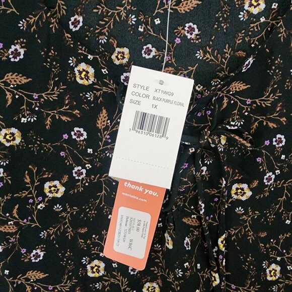 NWT Bobeau Womens Black Purple Floral Lace-Up Top 1X Chiffon JPT - Picture 9 of 11